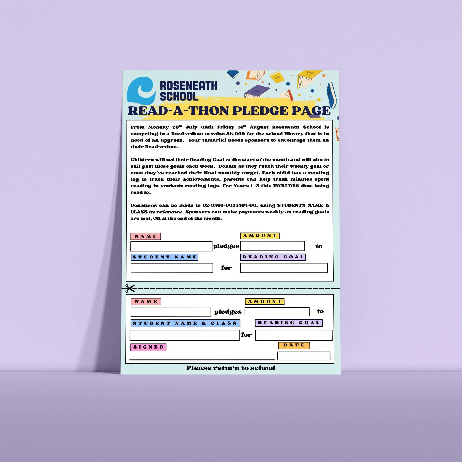 A printable school read-a-thon pledge sheet with sections for student name, class, reading goal, pledge amount, and date, designed for children to track their reading and sponsors' donations.