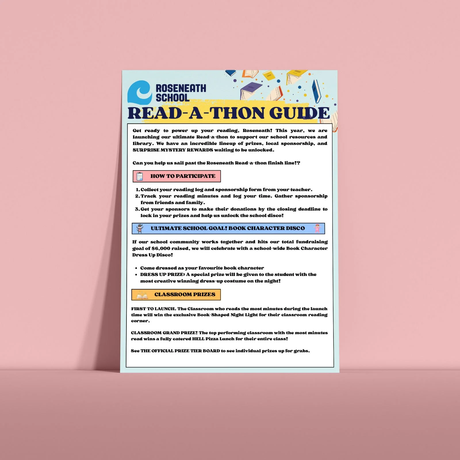 A school flyer titled 'Roseneath School Read-A-Thon Guide' with information about participating in a reading event, including steps for participation, goals, and prizes, with colorful icons and headings.