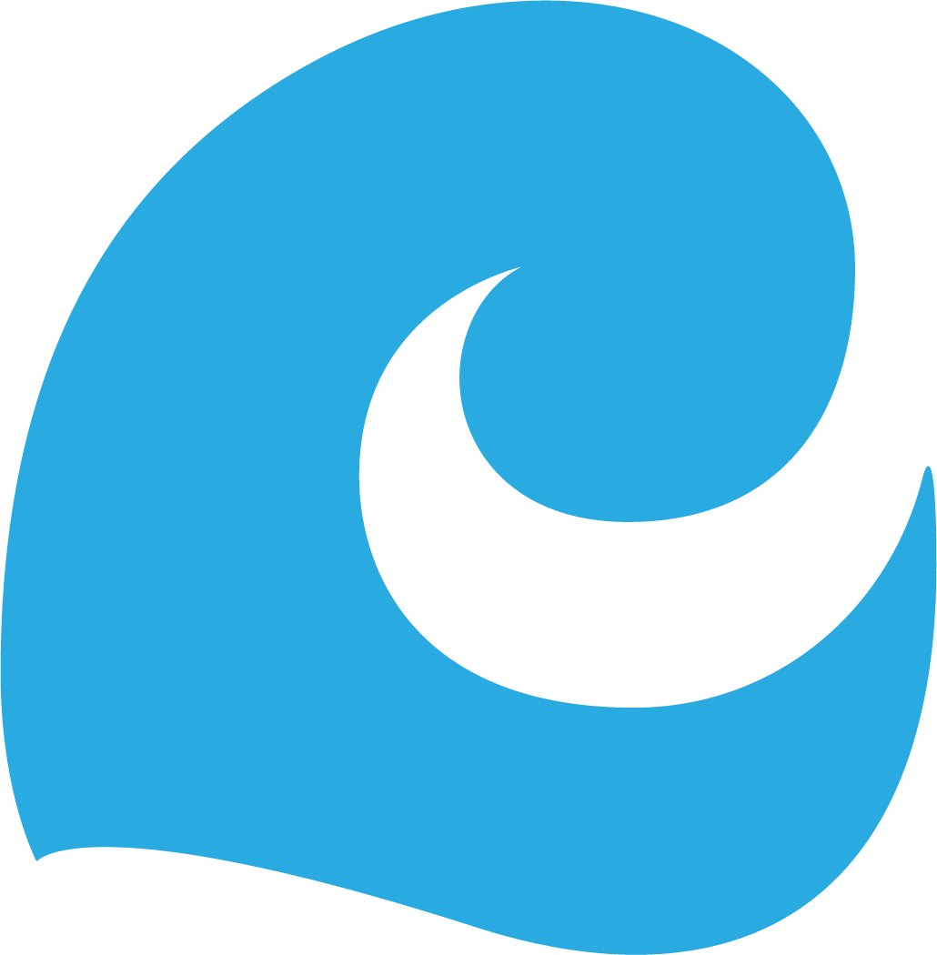 A stylized logo featuring a blue crescent shape enclosing a smaller black crescent shape, resembling a phase of the moon.
