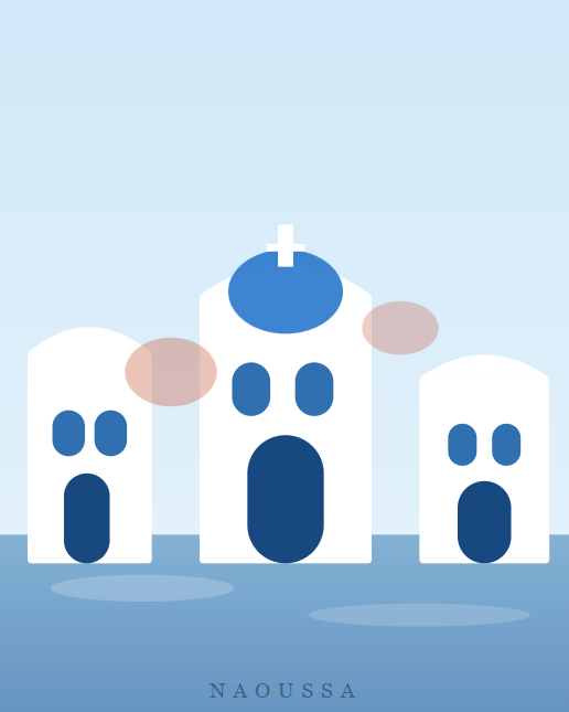 Illustration of three stylized buildings with faces, resembling a church with a cross on top, city hall, and another building, all with simple facial features and a light blue background.