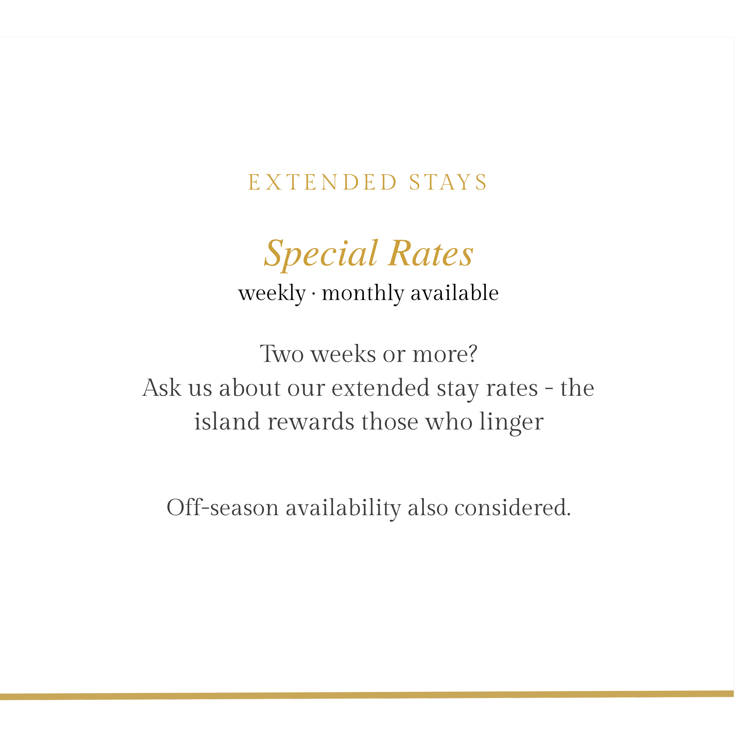 A webpage displaying information about extended stays, mentioning special rates, weekly and monthly availability, and off-season considerations.