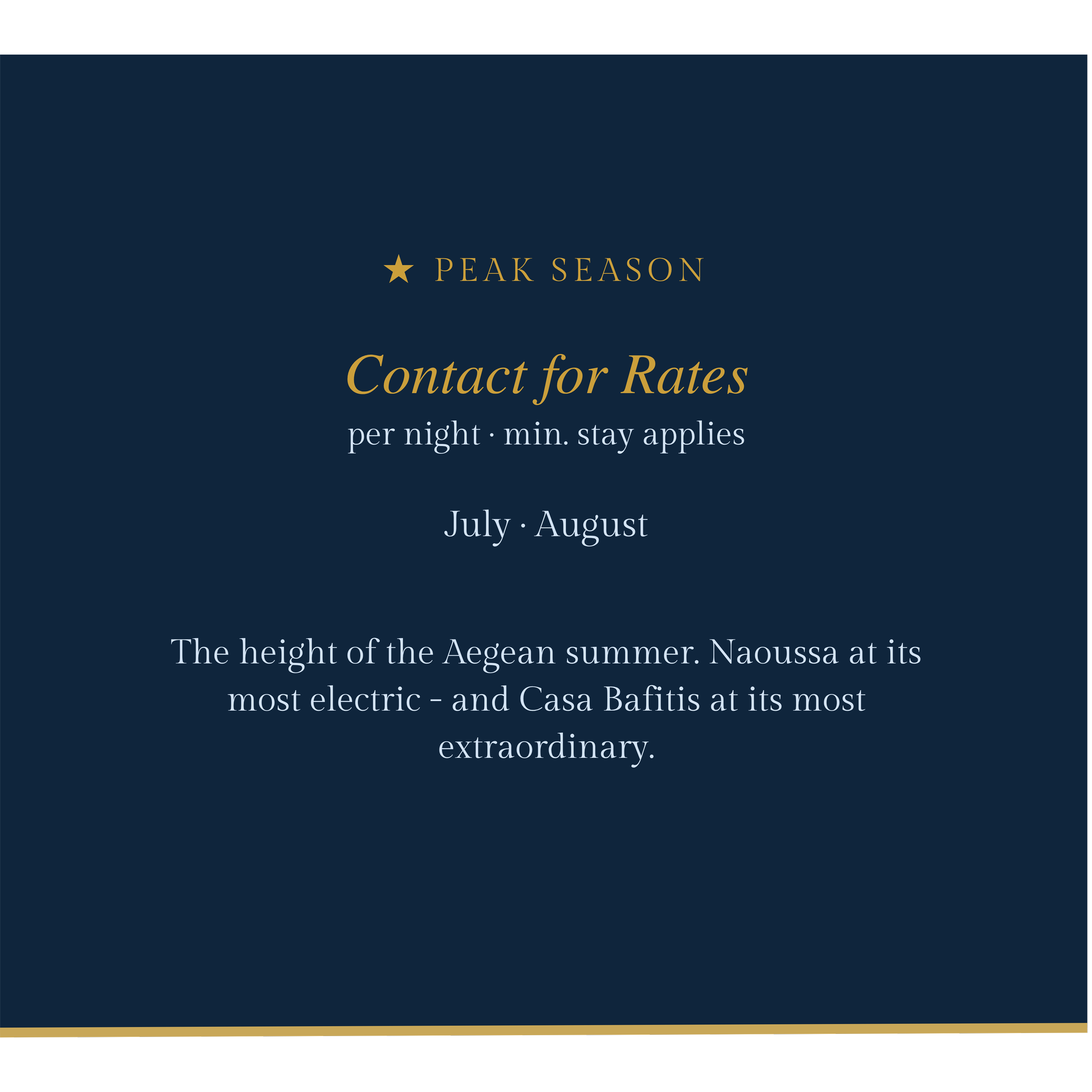 A promotional webpage for a summer travel package titled 'PEAK SEASON' encourages contacting for rates, with details about minimum stays and July to August availability, set against a dark blue background with gold and white text.