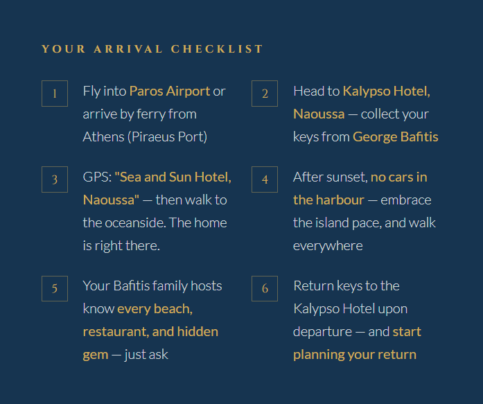 A travel checklist titled "Your Arrival Checklist" with six steps for arriving at Naoussa, Greece, including directions for flying into Paros Airport or Athens, heading to Kalypso Hotel, collecting keys from George Bafitis, walking to the sea and walking everywhere without cars, and returning keys.