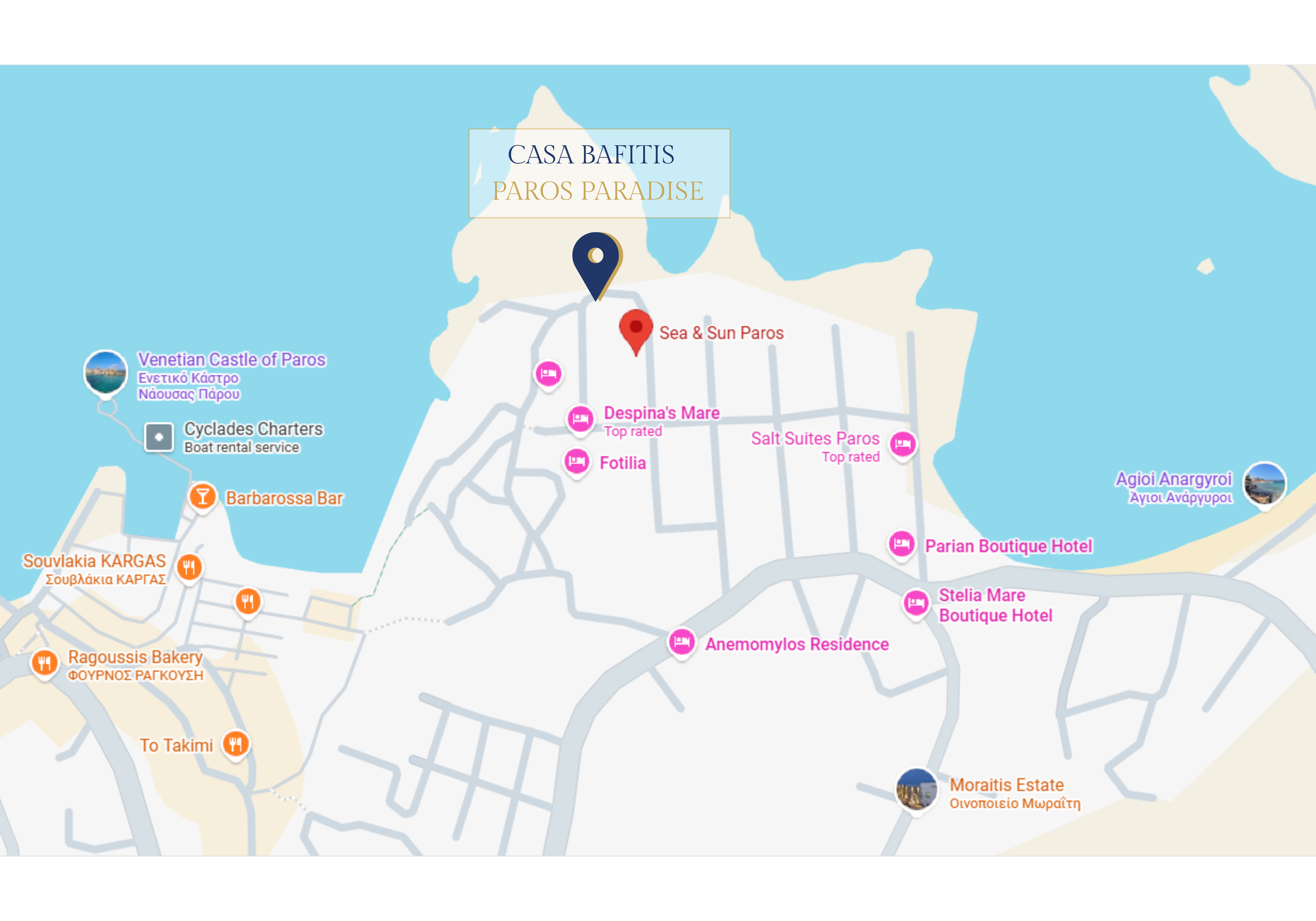 Map of Paros island showing locations of Casa Bafitis, Sea & Sun Paros, Destina's Mare, and various hotels, with beaches and boat services.