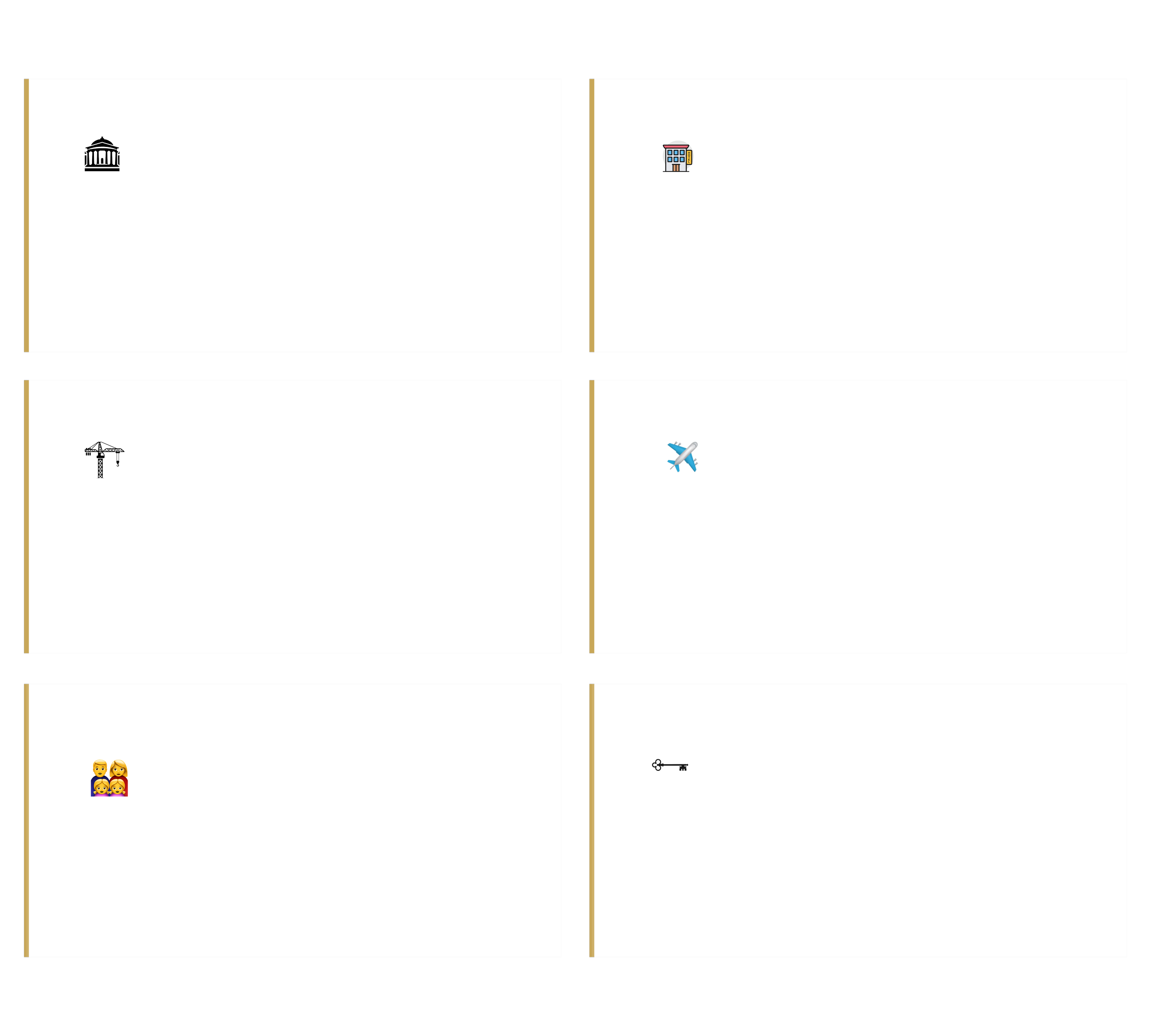 A collage with four quadrants: top left shows a classical building, top right depicts a multi-story building, bottom left features a construction crane, bottom right displays an airplane and a key, with an emoji of a woman and two girls in the bottom left corner.