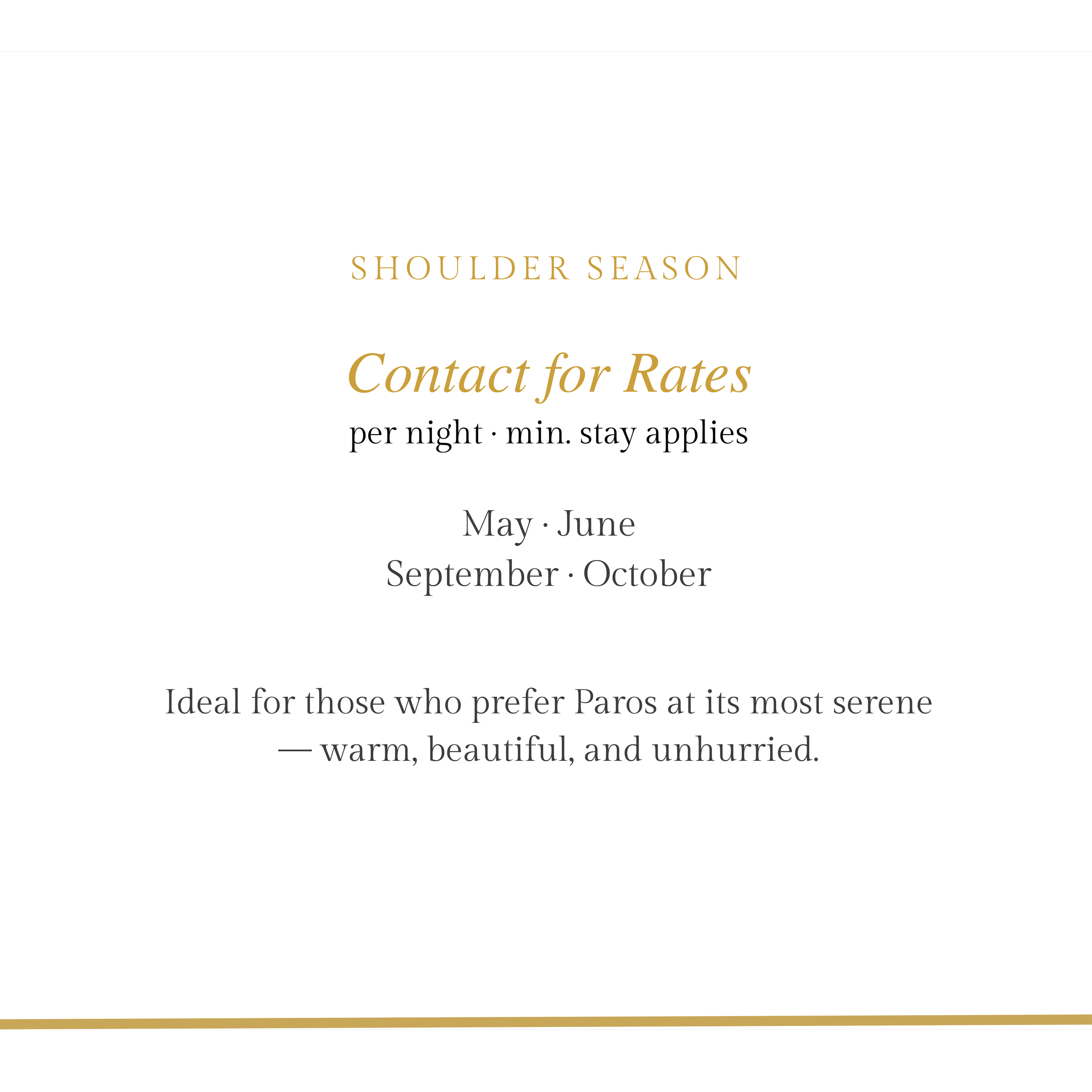 Promotional flyer for shoulder season travel rates in May and June, September and October, describing ideal travel times for those who prefer Paros at its most serene.