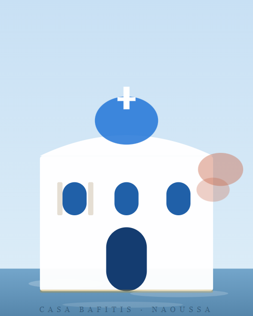 Illustration of a white building with a blue dome topped by a white cross, resembling a church, with a blue sky background.