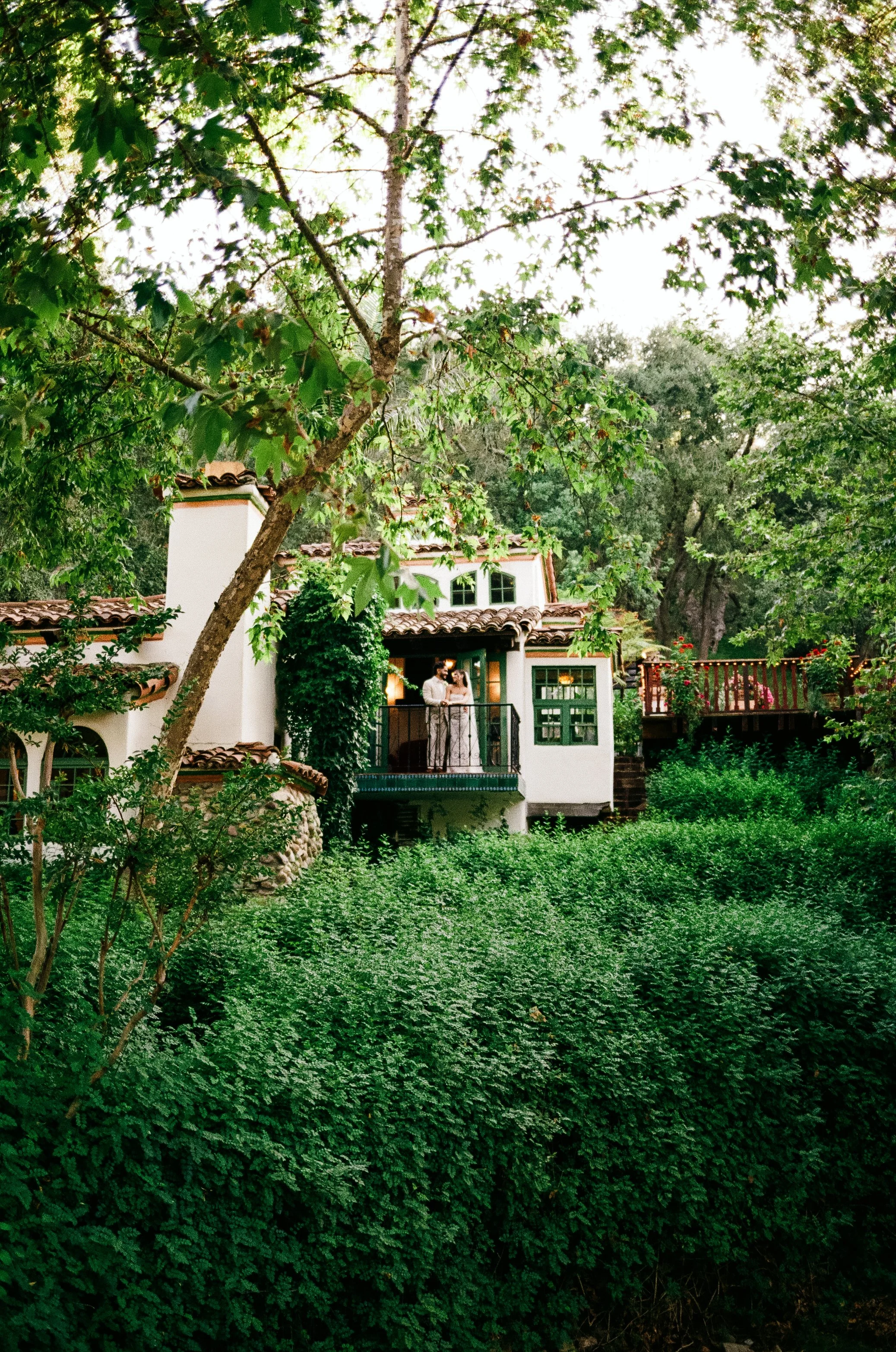 A person dressed in white and holding a woman in white on a balcony surrounded by lush green trees and bushes.