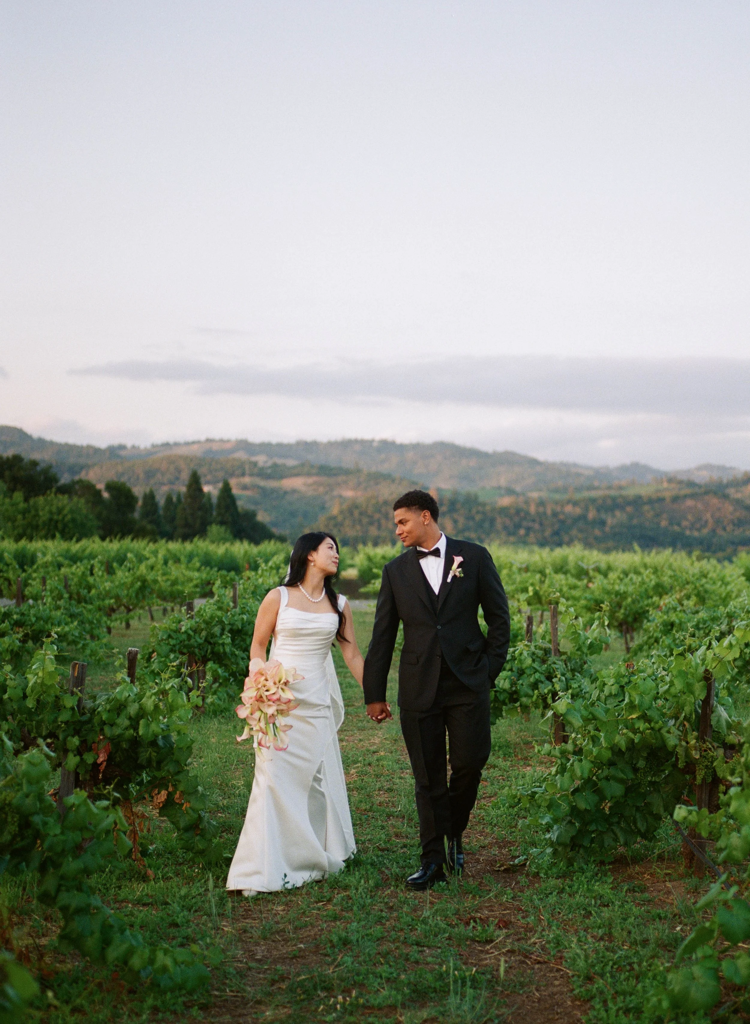 A bride and groom holding hands walking through a vineyard at sunset, dressed in wedding attire, with lush green vines and mountains in the background.