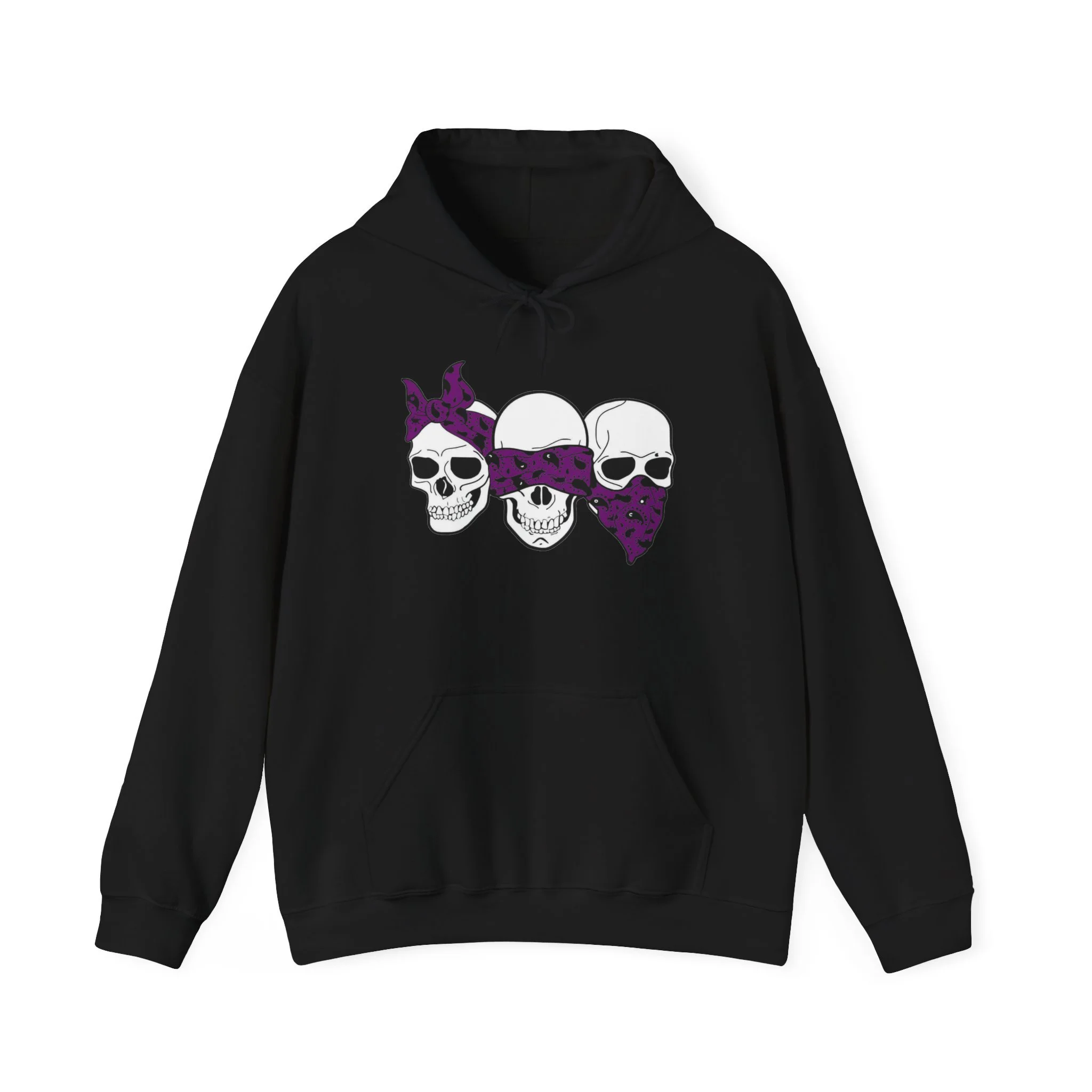 Three Skulls with Purple Bandanas Hoodie | Skull Trio Graphic, Occult, Goth, Dark, Esoteric