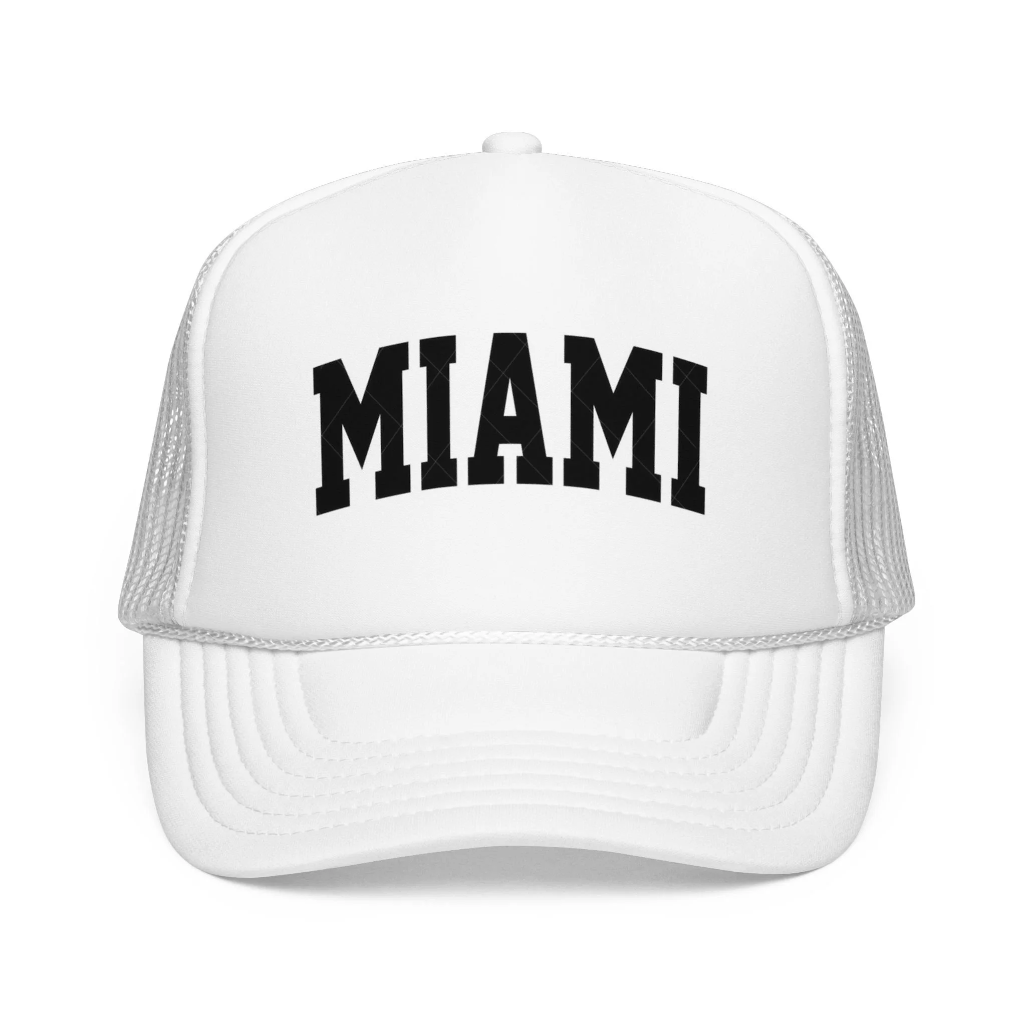 MIAMI varsity arch Foam Trucker Hat | city name mesh cap