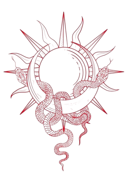 A pink and purple dragon intertwined with a circular design resembling a sun or moon, with rays or spikes emanating outward, all set against a black background.