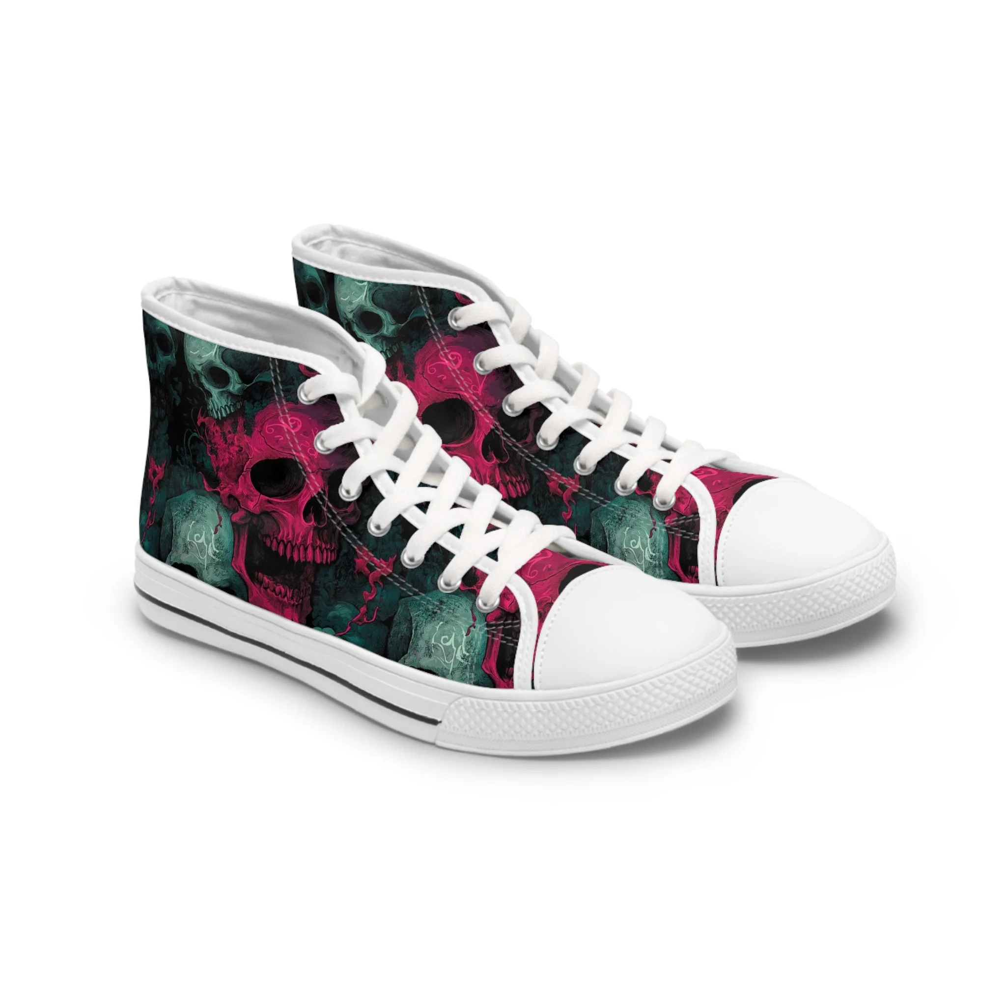 Women Teal and Magenta Skull Pattern Women's High Top Sneakers | Gothic Skull Shoes