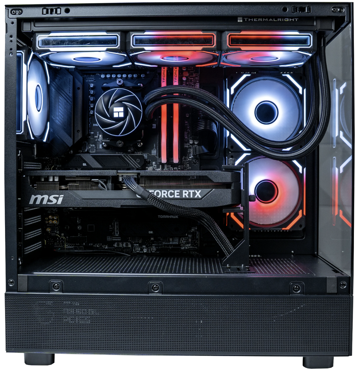 Inside a custom gaming or high-performance computer with RGB lighting, including a liquid cooling system, a graphics card labeled MSI GeForce RTX, a motherboard, multiple cooling fans, and cables.