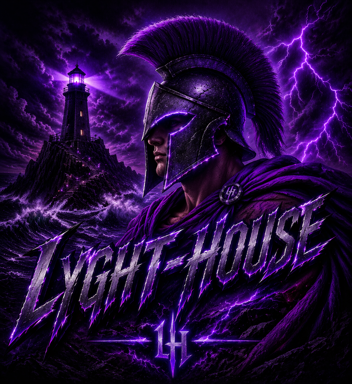 A dark purple and black digital artwork of a warrior in a helmet with a purple plume, standing in front of a stormy sea with lightning and a lighthouse on a rocky island. The text ”LIGH T HOUSE” is displayed in lightning-like purple letters at the bottom, with Roman numerals 'XIV' below.