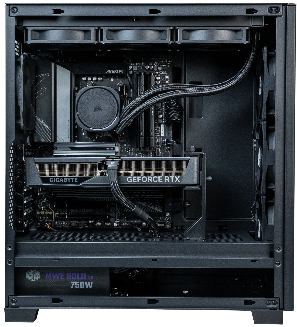 Inside a black computer tower showing a graphics card, motherboard, CPU cooler, power supply, and case fans.