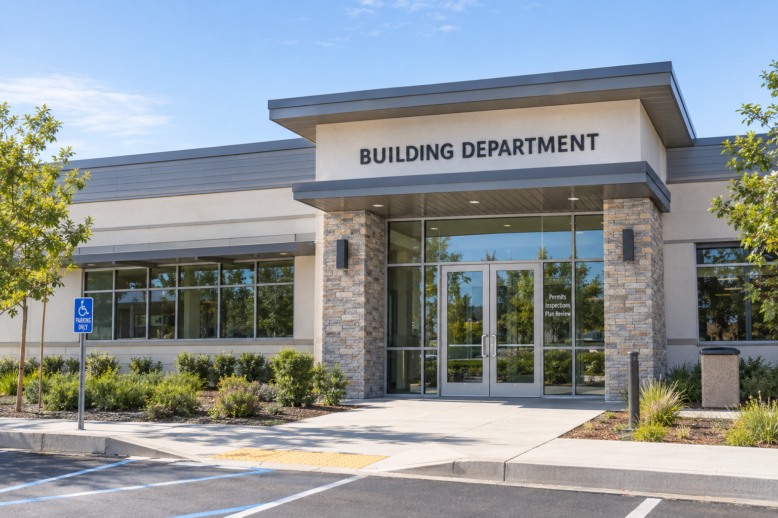Modern building labeled 'Building Department' with glass doors, stone accents, and parking spaces, including accessible parking.