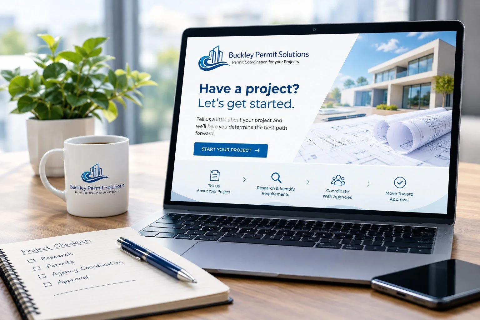Laptop displaying the Buckley Permit Solutions website and logo, representing San Diego permit coordination and expediting services for residential and commercial projects.