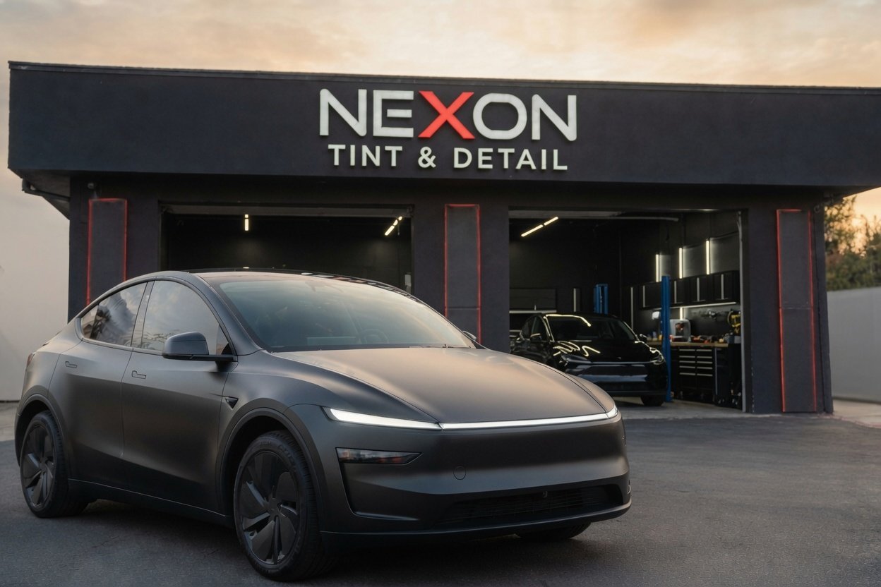 A Tesla Model Y with matte gray finish parked in front of a car detailing shop named NEXON TINT & DETAIL with black and red exterior.