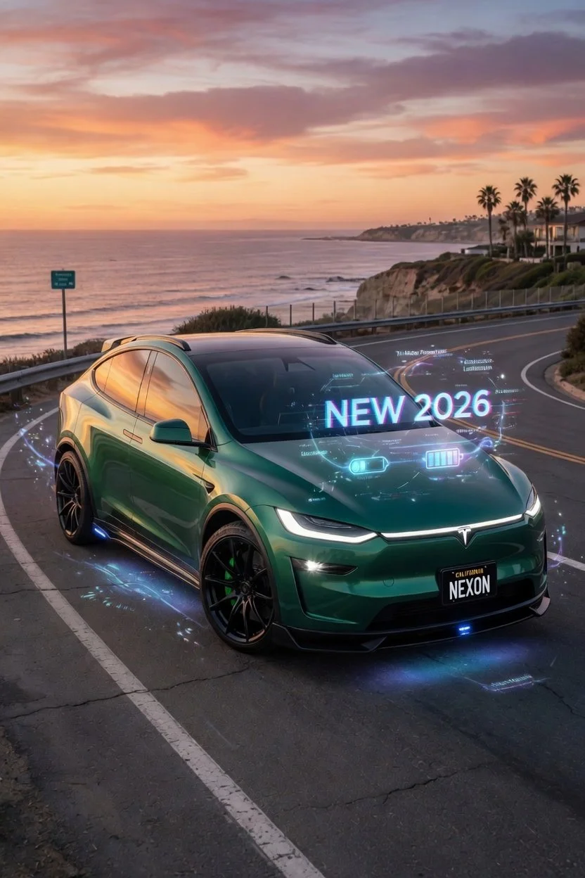 A green Tesla Model X with a California license plate that reads 'NEXON,' parked on a coastal road during sunset. Overlayed digital graphics display 'NEW 2026' on the windshield, with holographic icons indicating battery level and connectivity.