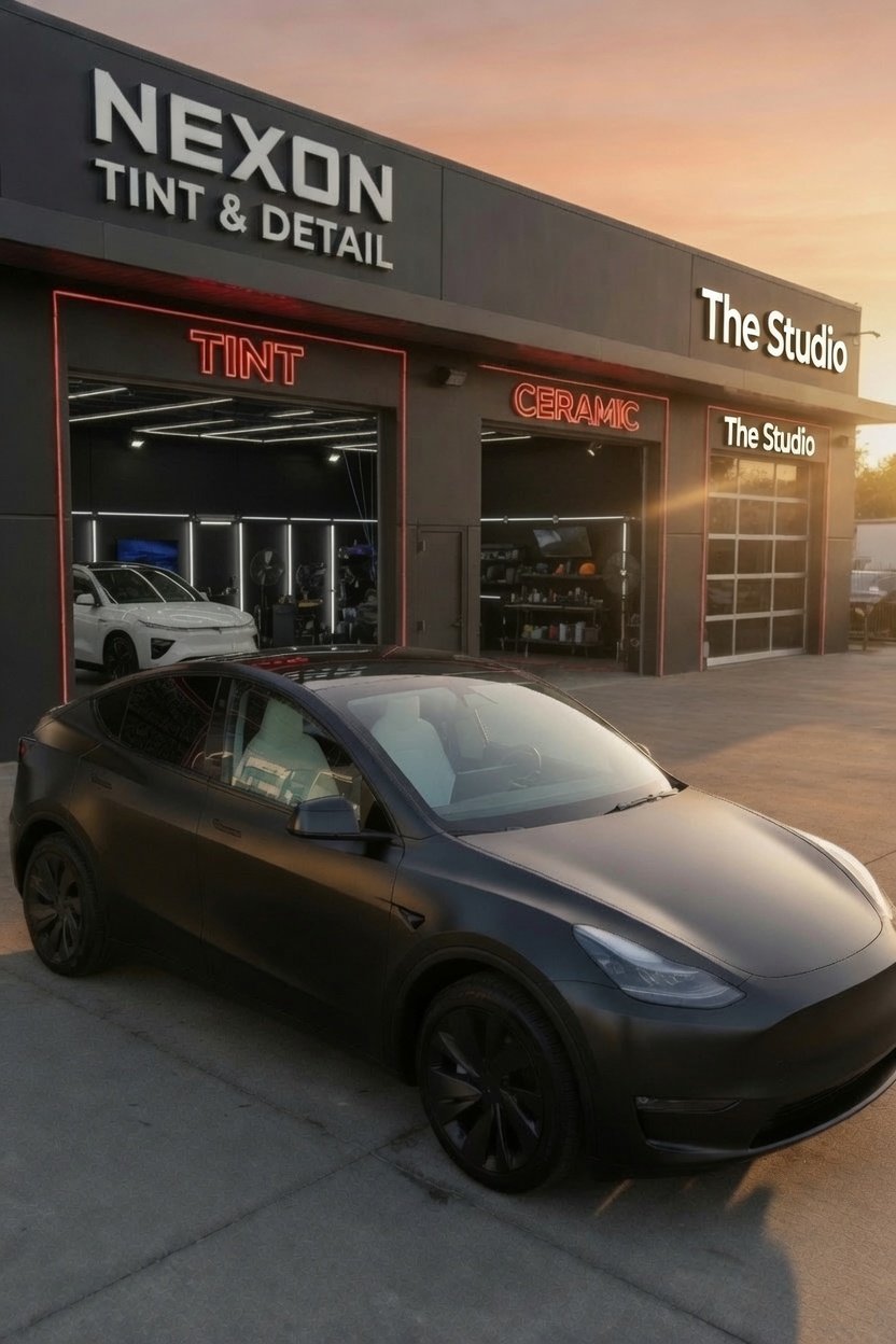 A black Tesla parked outside a modern automotive boutique named NEXON TINT & DETAIL with neon signs for TINT and CERAMIC, and a large glass garage door leading into the workshop at sunset.