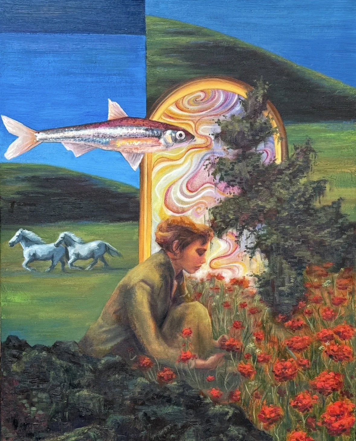"Rainbow Trout and Wild Horses" 
Oil on stretched linen, 24x30