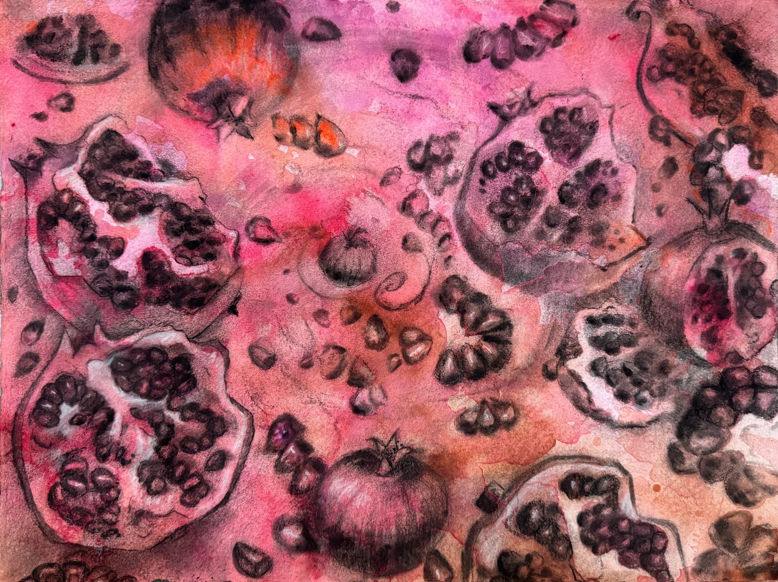 "Pomegranate Labyrinth"
Mixed media on watercolor paper, 11x15