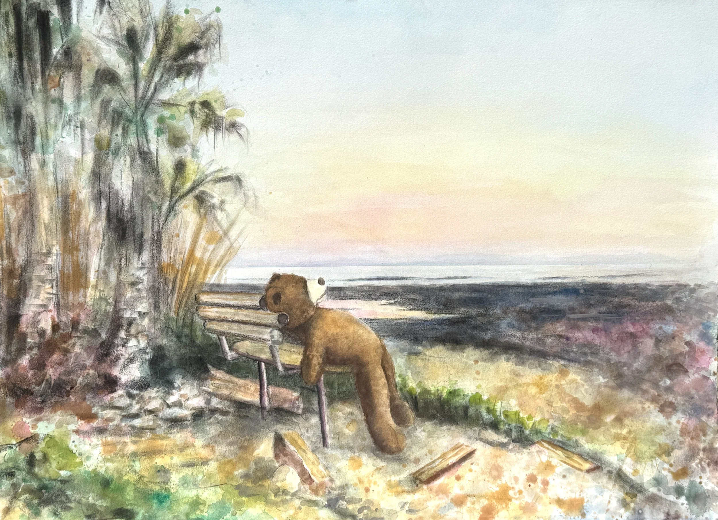 "Sleepy Sano Bear"
watercolor and charcoal on watercolor paper, 22x30