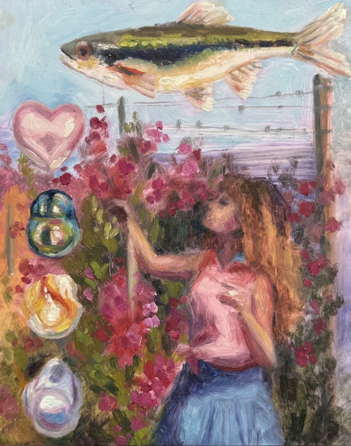 "Pearls and trout study" 
oil on panel, 8x10