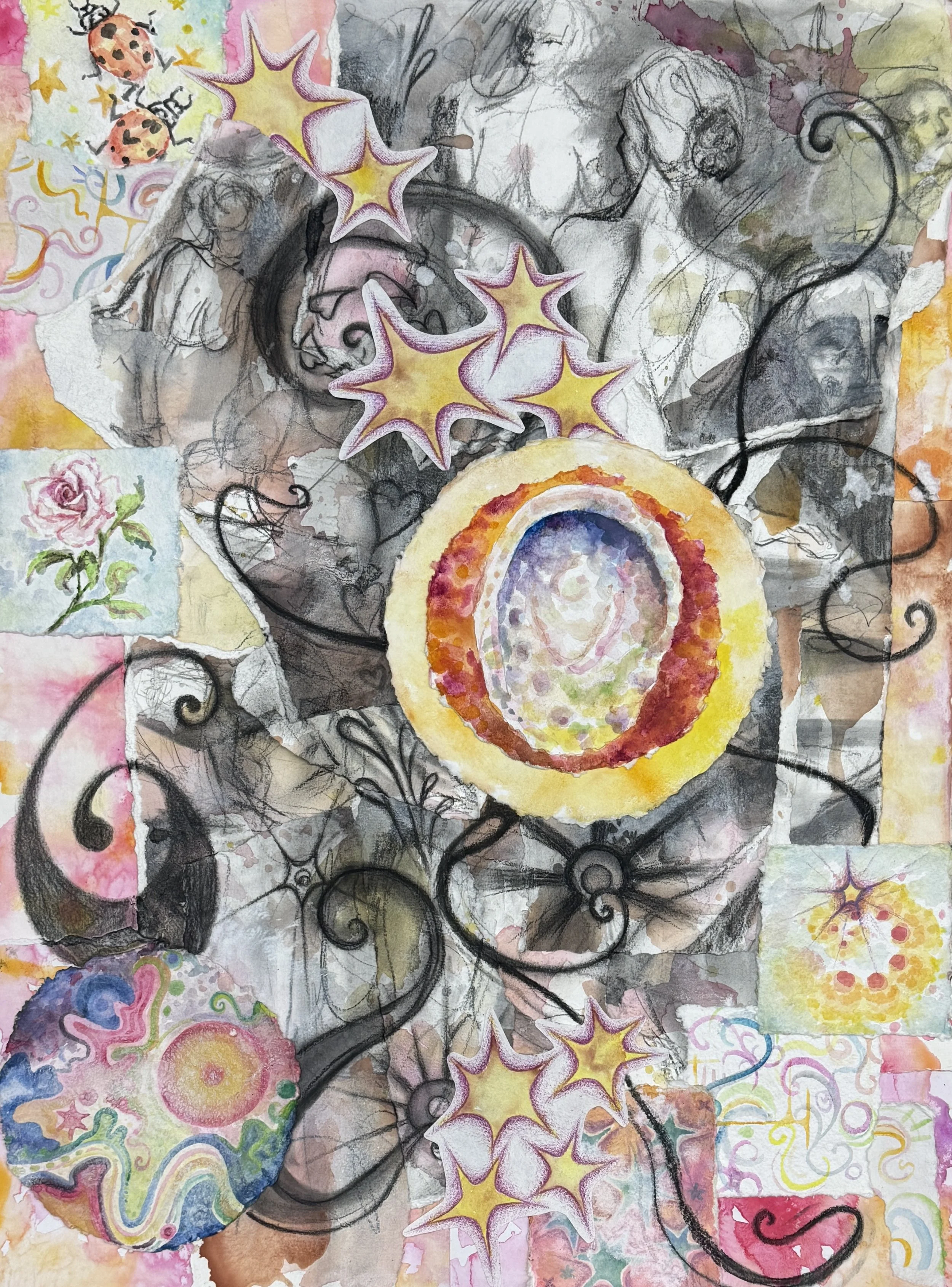 "Seeing Stars" 
Watercolor and charcoal collage, 21x28
