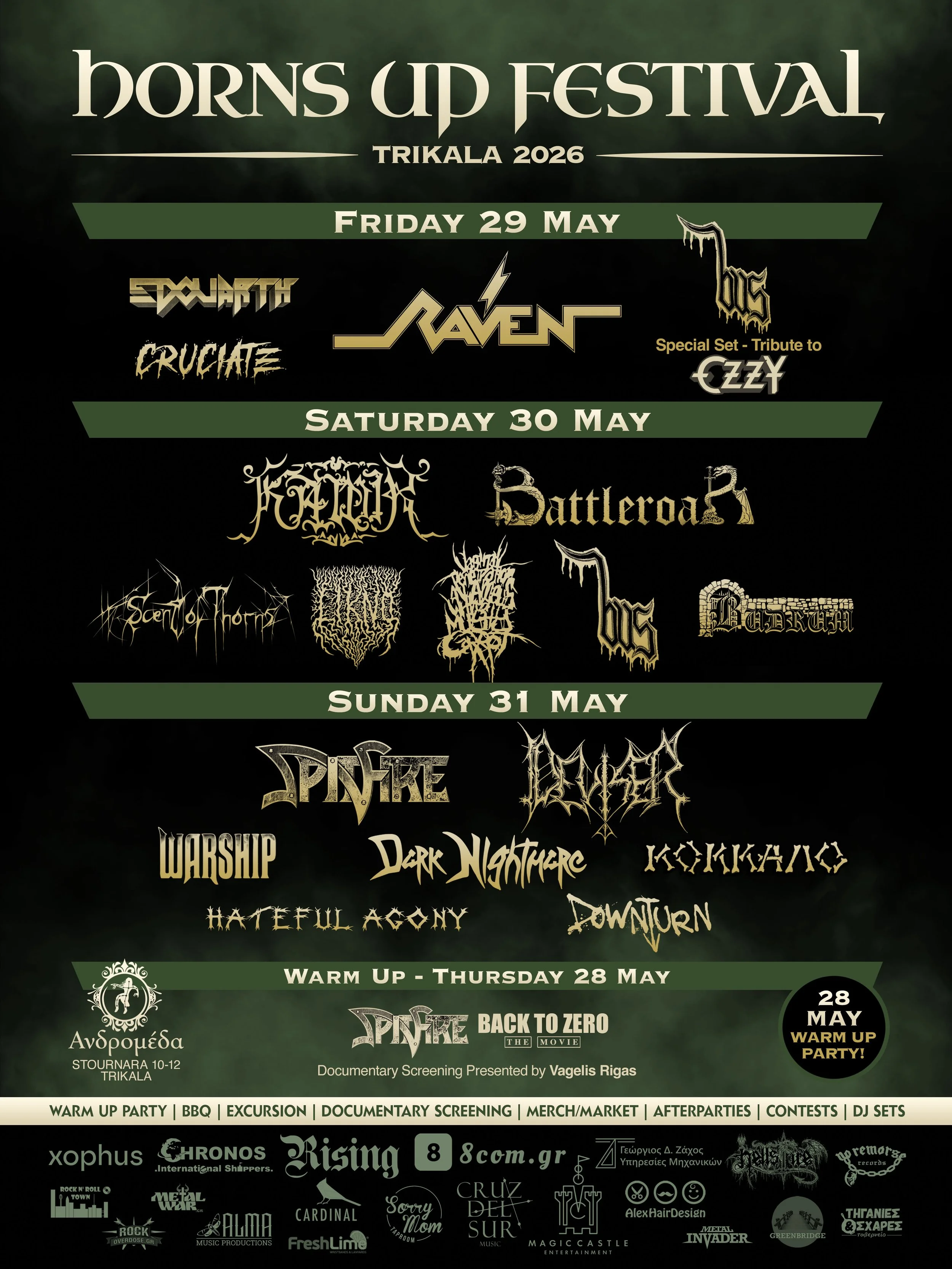 Poster for Horns Up Festival in Trikala 2026, listing dates and bands for each day, including a tribute set to Ozzy and various other bands over three days, with additional info about warm-up activities and sponsors.