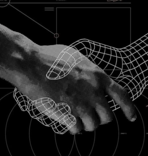 A digital graphic showing a handshake with one hand as a pixelated photo and the other as a wireframe wire in a technological style.