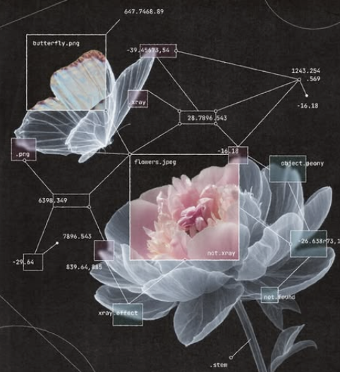 Digital illustration of a peony flower with technical labels and diagram lines, resembling a scientific or technological schematic.