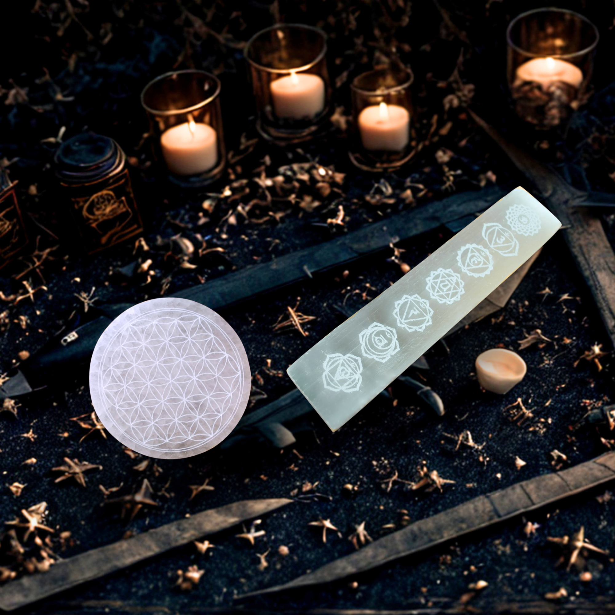 Selenite Charging Plate – Chakra Engraved Crystal Cleansing Board