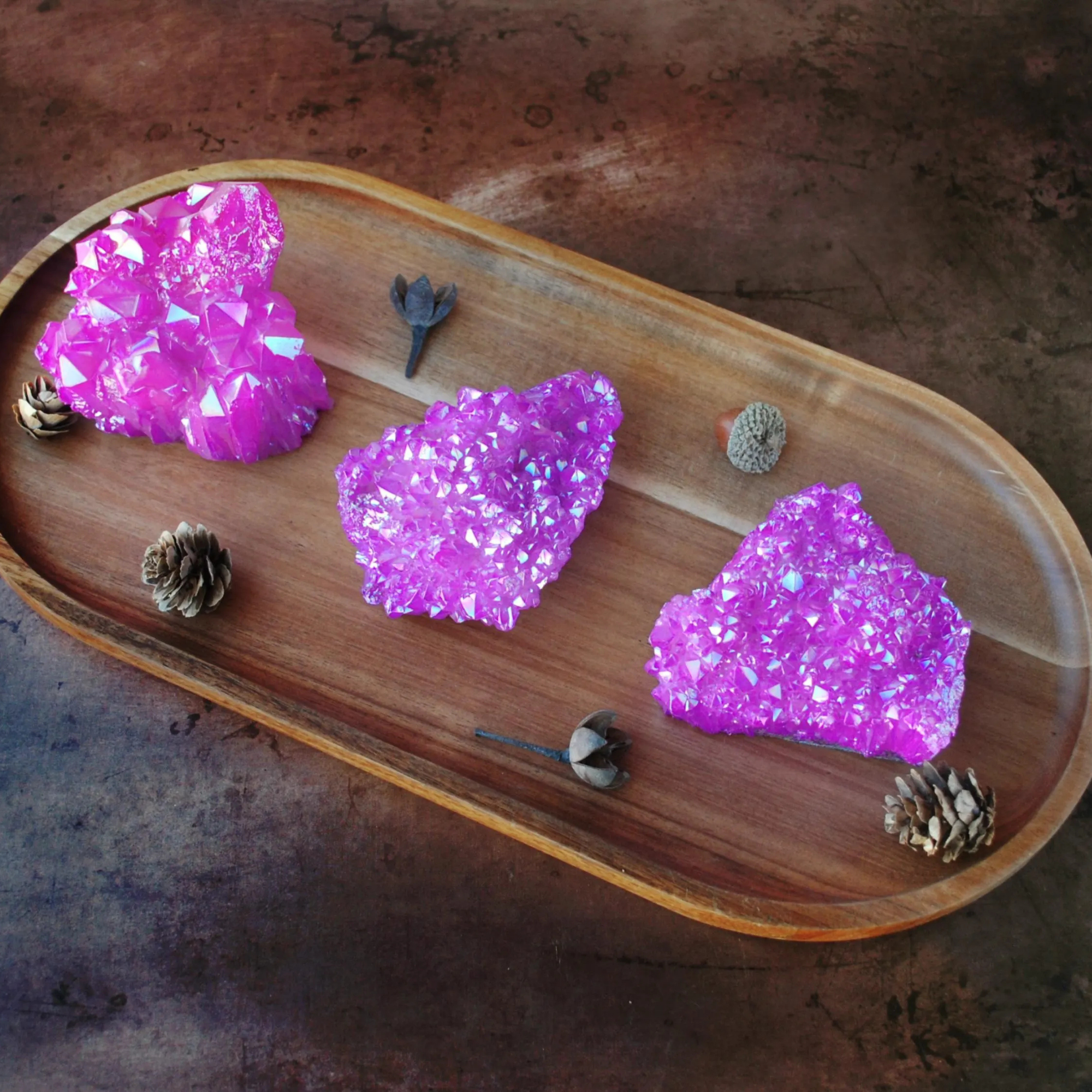 Electric Pink Aura Quartz Cluster – Iridescent Statement Crystal