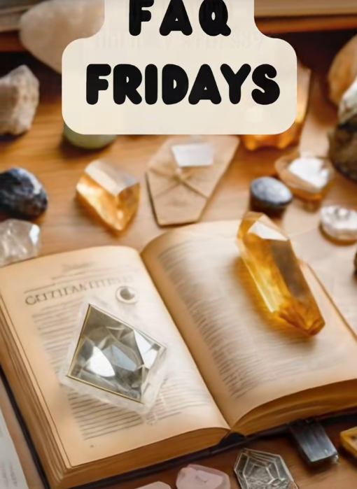 Open book on a table surrounded by various rocks and crystals, with a sign reading 'FAQ Fridays' hanging above.