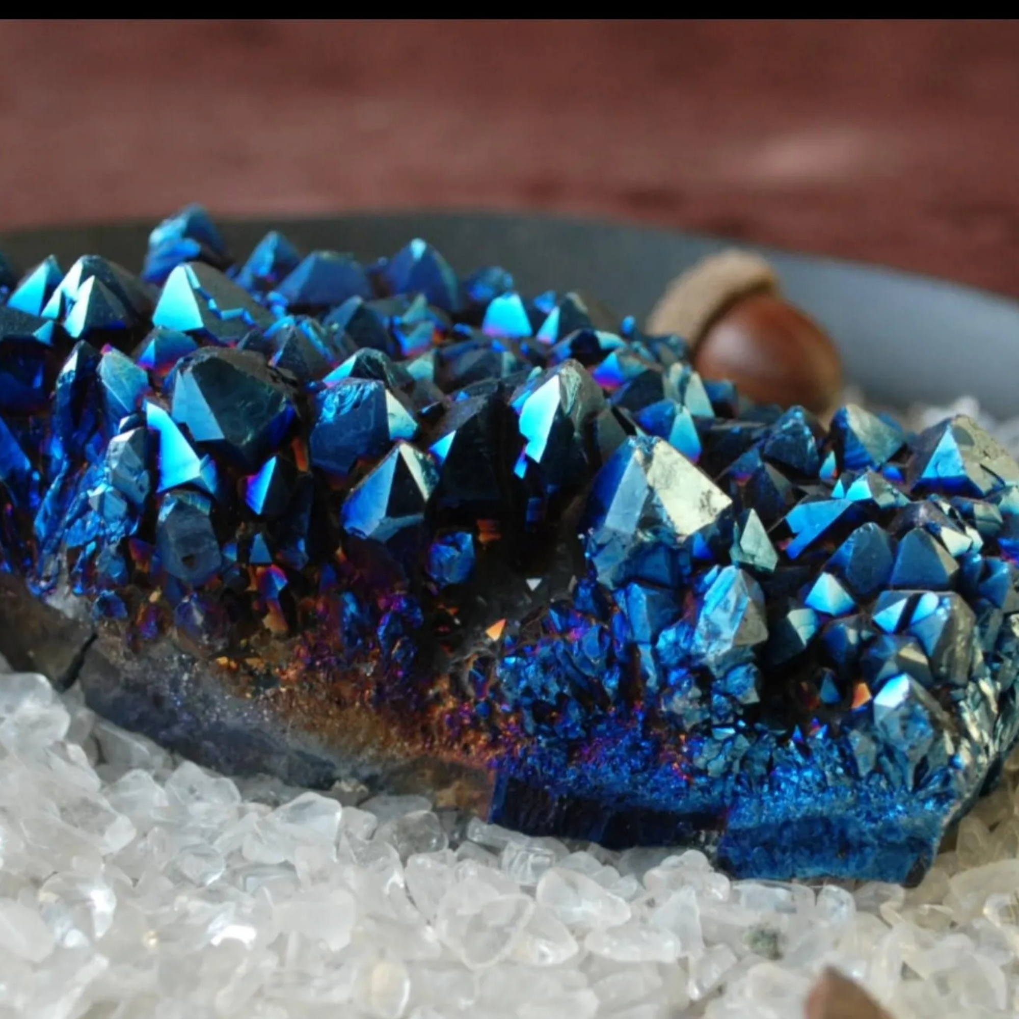 Blue Aura Quartz Cluster – Electric Metallic Crystal Display
