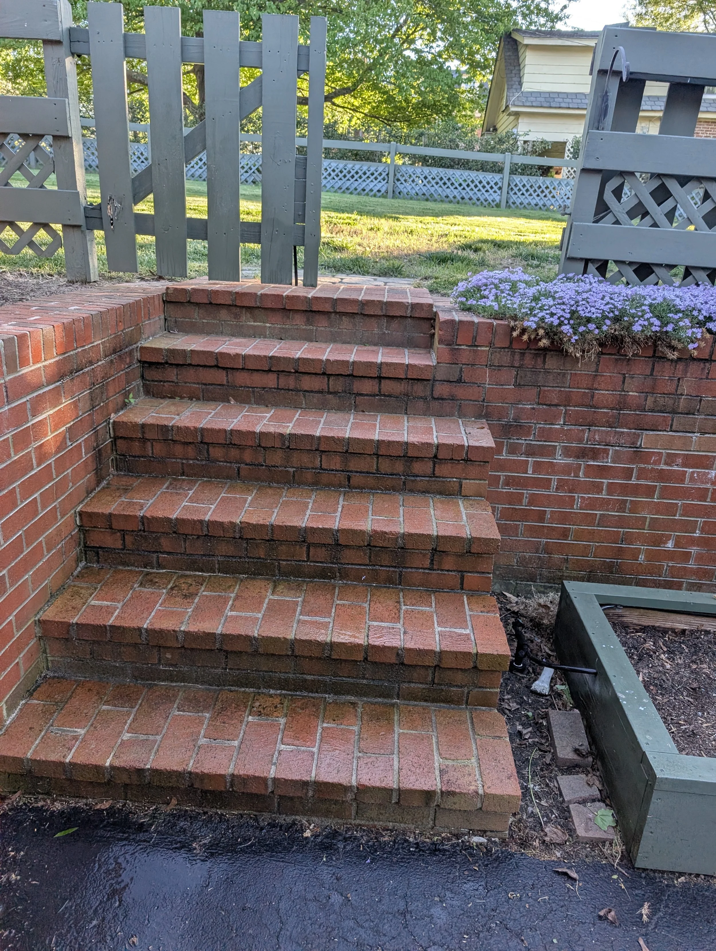 Dirty red brick stairs leading up to a gray wooden fence, with purple flowers in a planter on the right.