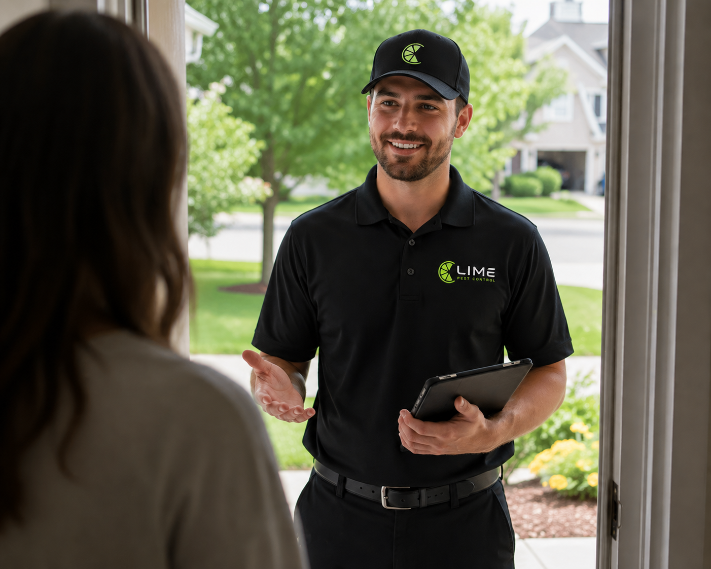 A pest control technician in a black uniform and cap smiling and talking to a woman at her front door, holding a tablet, with a suburban neighborhood in the background.