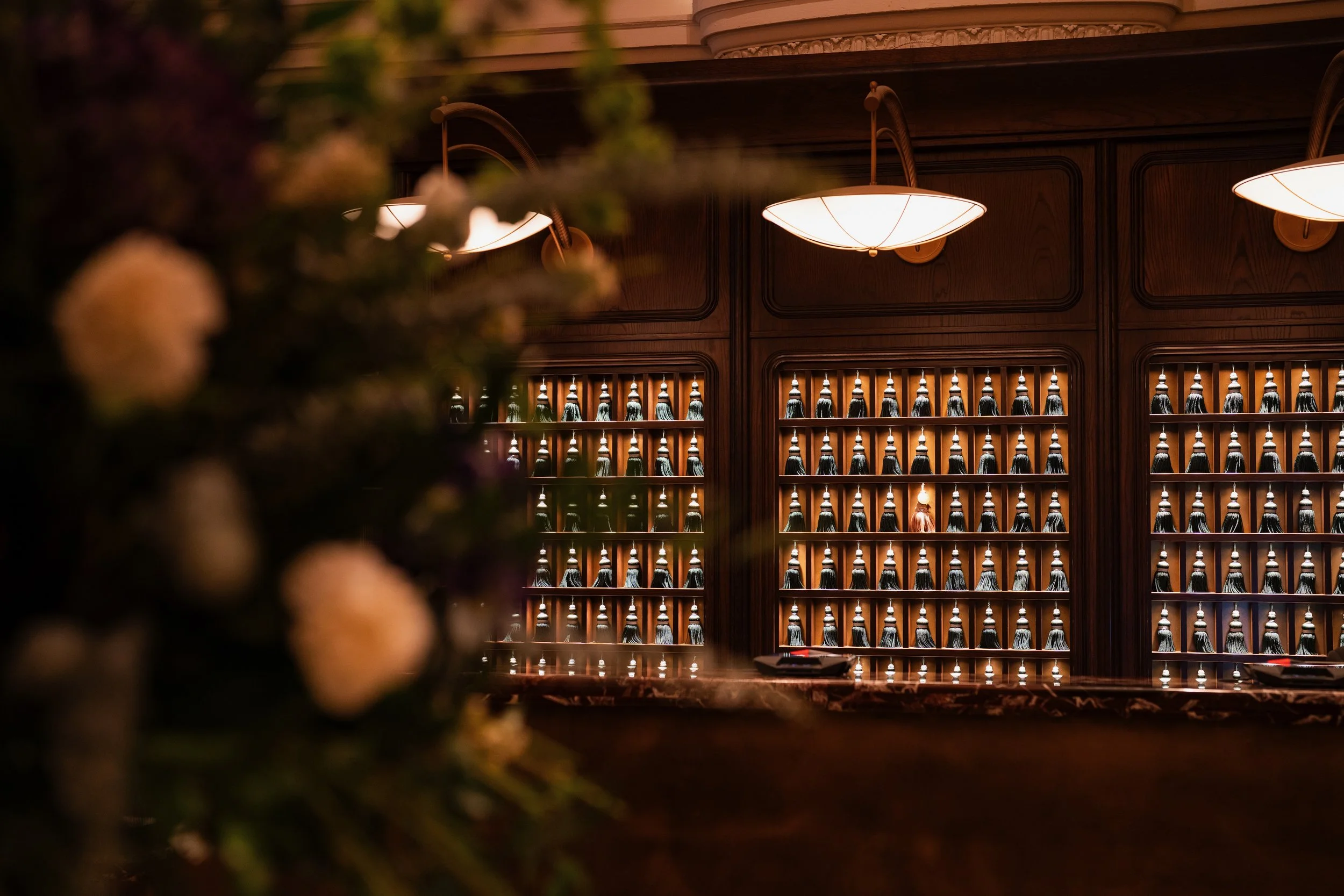 Interior view of a wine cellar with wooden shelving filled with wine bottles, illuminated by wall-mounted lamps, with some blurred foliage in the foreground.