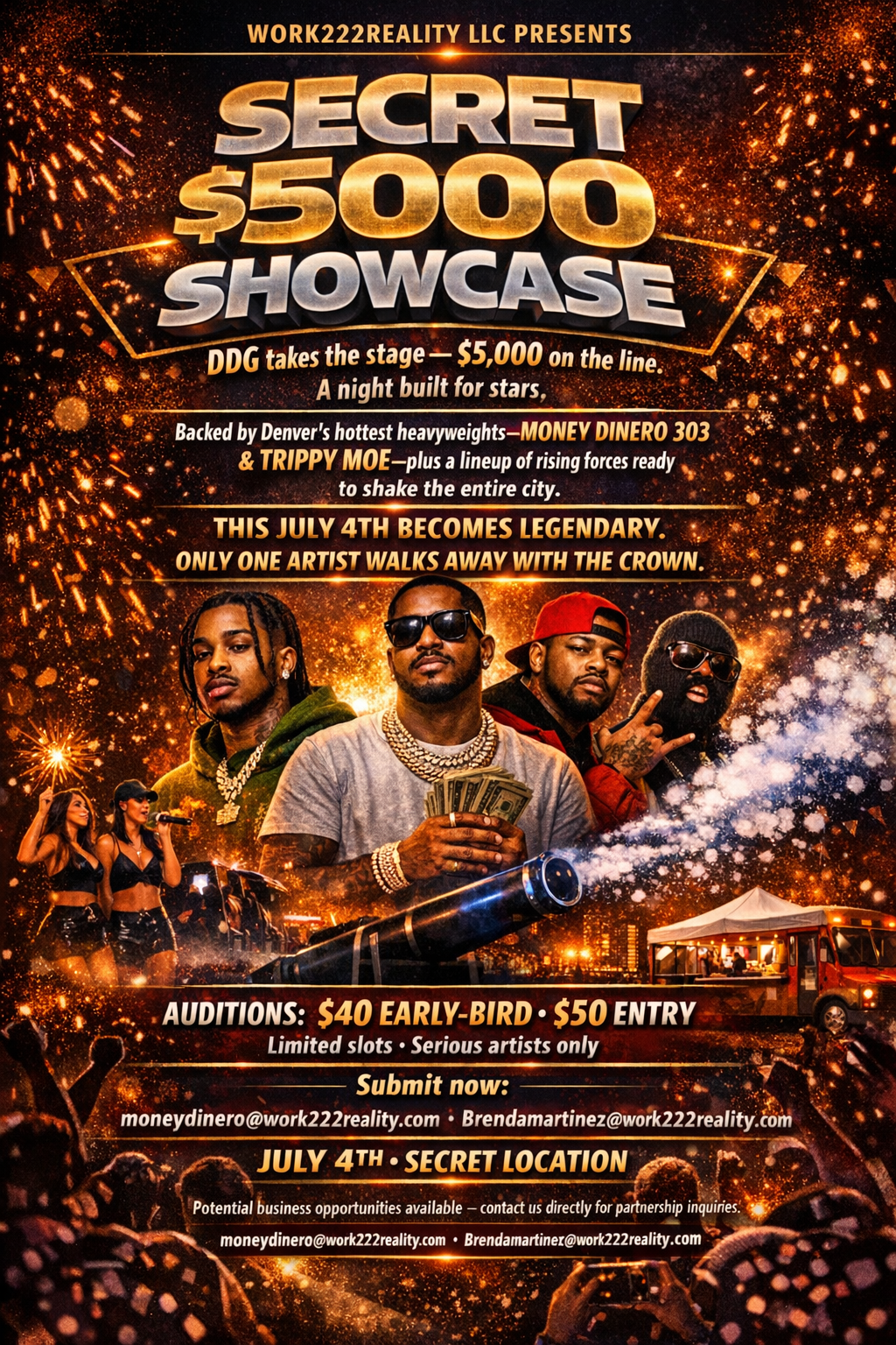 Event poster for 'Secret $5000 Showcase' presented by WORK222REALITY LLC featuring rappers DDG, Money Dinero 303, and Trippy Moe, with performances, fireworks, and a special July 4th celebration at an unknown location, with audition details and submission emails included.