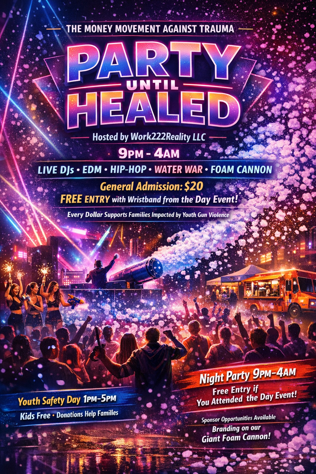 Colorful poster for 'Party Until Healed' event hosted by Work222Reality LLC, featuring a night party with neon lights, fireworks, and a foam cannon, with details about the event's time, activities, and purpose to support families impacted by youth gun violence.