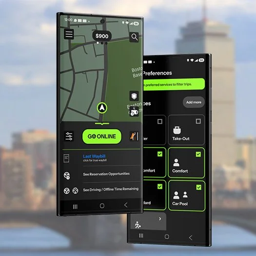 Two phones showing a ride-hailing application. The background image is a blurred image of Boston from the perspective  of the Charles River.
