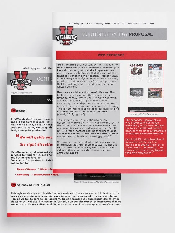 Presentation of a content strategy report and profile analysis for Villeside Customs.