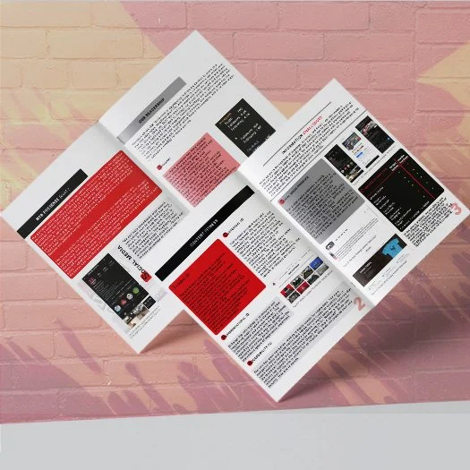 Two opened magazine spreads are presented with a brick wall in the background.