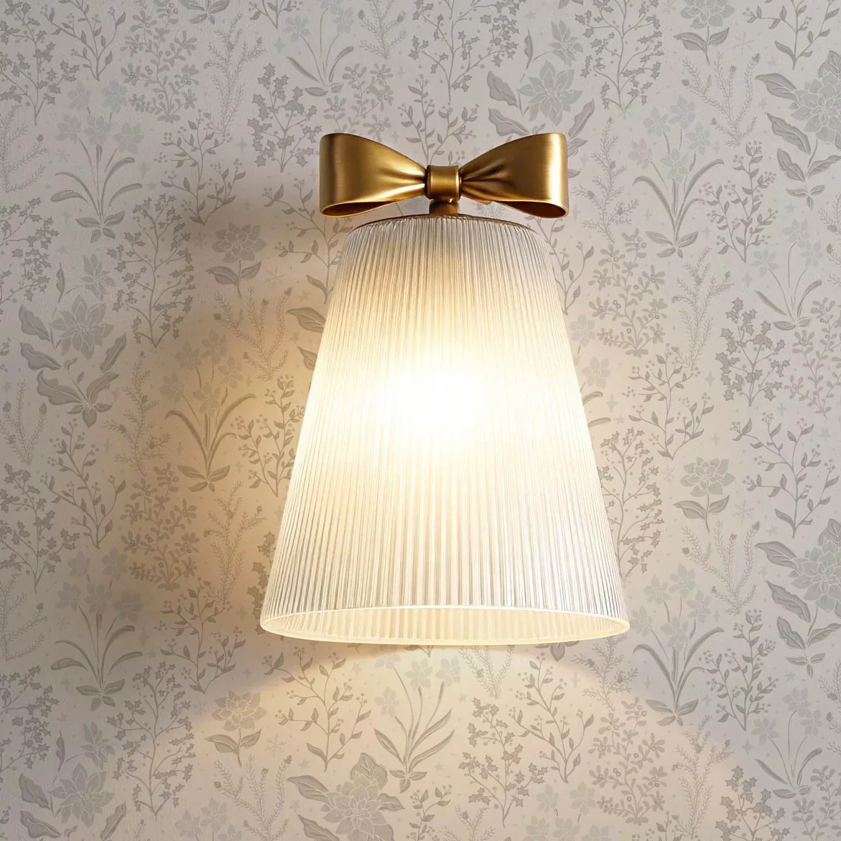 Wall-mounted lamp with a pleated shade and a gold bow-shaped fixture on a floral wallpaper background.