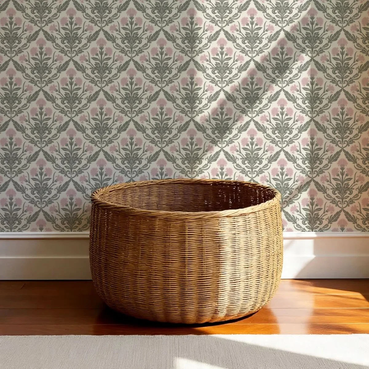 Round woven wicker basket on a wooden floor against wallpaper with a floral and leaf pattern in pink and gray.