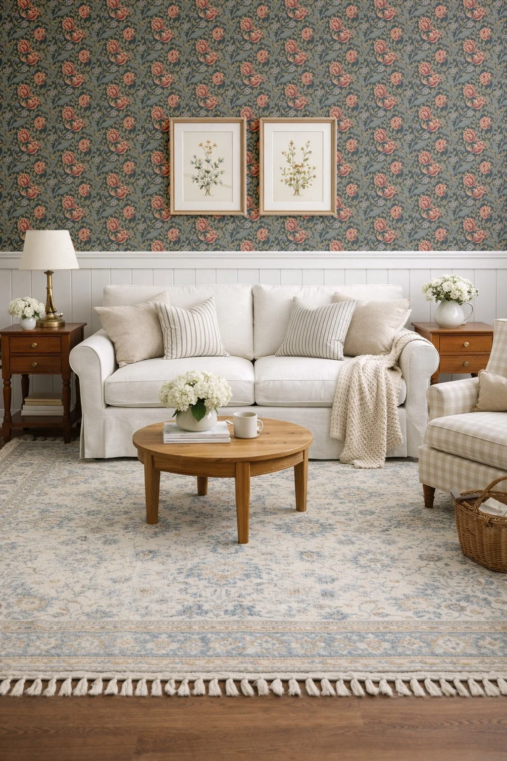 Arts and Crafts style tulip wallpaper in a cozy living room. An example of how art can be used on products like wallpaper