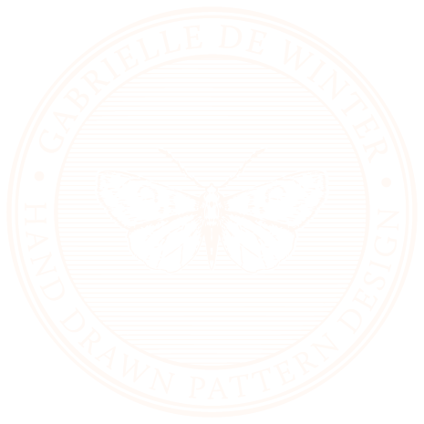 Circular logo with a butterfly in the center, surrounded by the text 'GABRIELLE DE WINTER' and 'HAND DRAWN PATTERN DESIGN'.