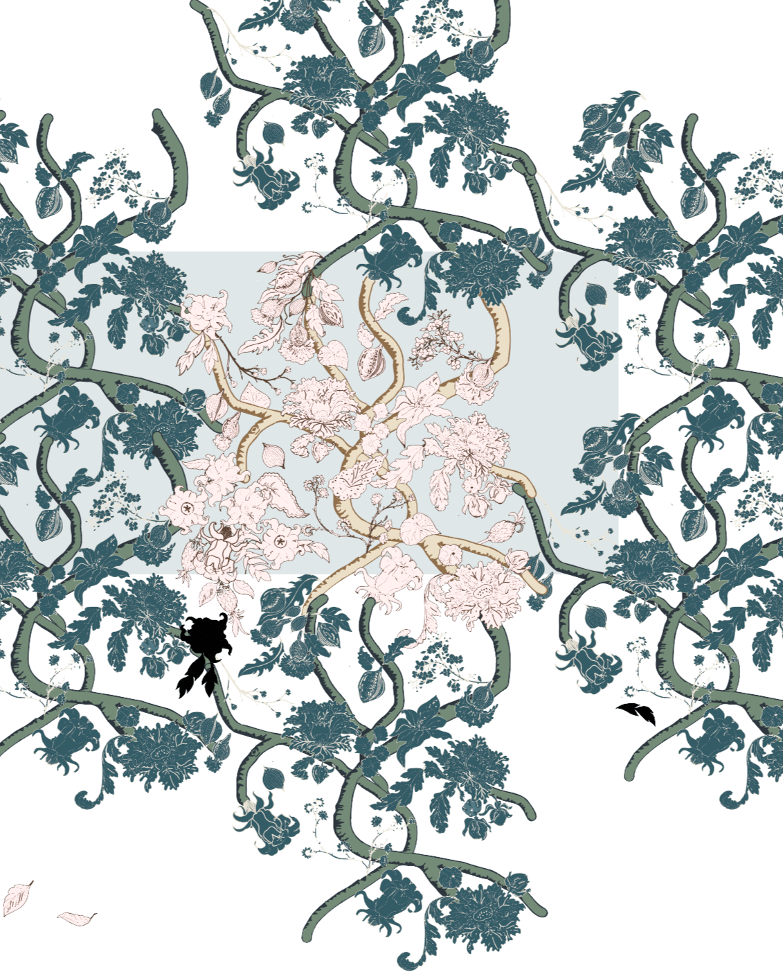 A floral pattern with intertwining vines, leaves, and flowers in shades of green, cream, and pink. Vector artwork being made in Adobe Illustrator